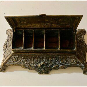 Antique Victorian Bronze Desk Stamp Organizer With Intricate Floral Design